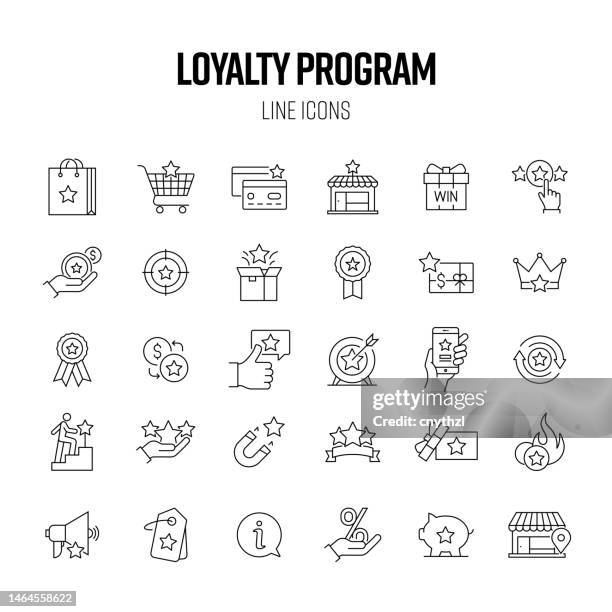 ilustrações de stock, clip art, desenhos animados e ícones de loyalty program line icon set. customer, store, bonus, prize - loyalty