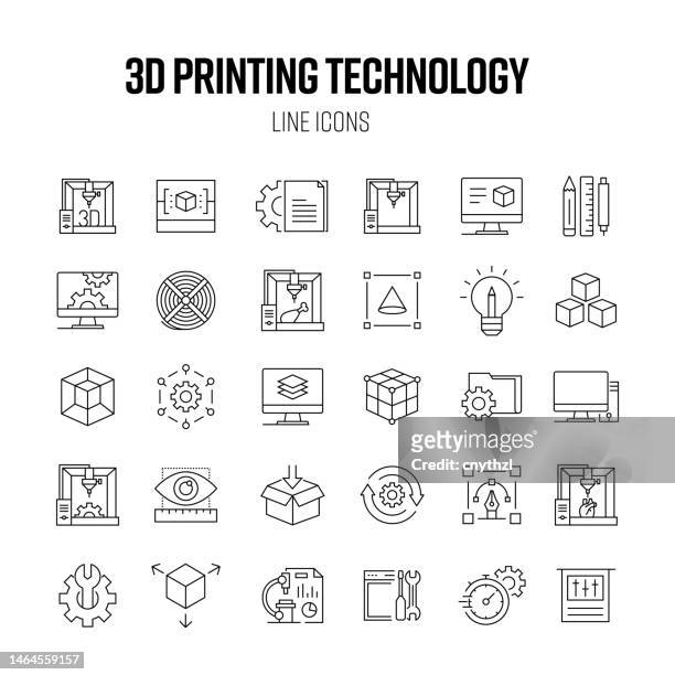 3d printing line icon set. printer, 3d, technology, design, plastic, manufacturing, object, equipment - 3d printing stock illustrations