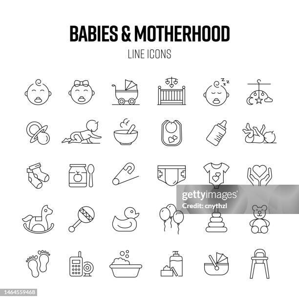 baby und mutter linie icon set. säugling, windel, babynahrung, kindheit - baby bag stock-grafiken, -clipart, -cartoons und -symbole
