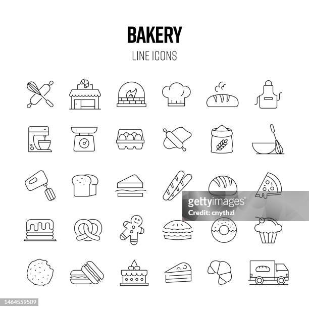 ilustraciones, imágenes clip art, dibujos animados e iconos de stock de conjunto de iconos de línea de panadería. pan, pretzel, croissant, horneado, pastel - crep