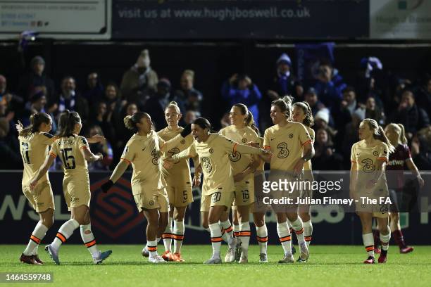 Sam Kerr of Chelsea celebrates with teammates after she scores her teams first goal during the FA Women's Continental Tyres League Cup Semi Final...