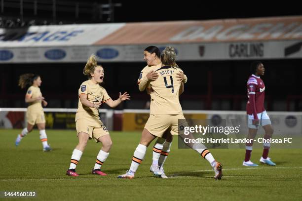 Sam Kerr of Chelsea celebrates with teammates Erin Cuthbert and Millie Bright after scoring her team's first goal during the FA Women's Continental...