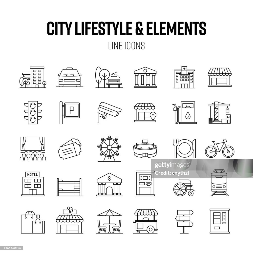 City Elements Line Icon Set. City Life, Park, Museum, Hospital, Cinema, Subway