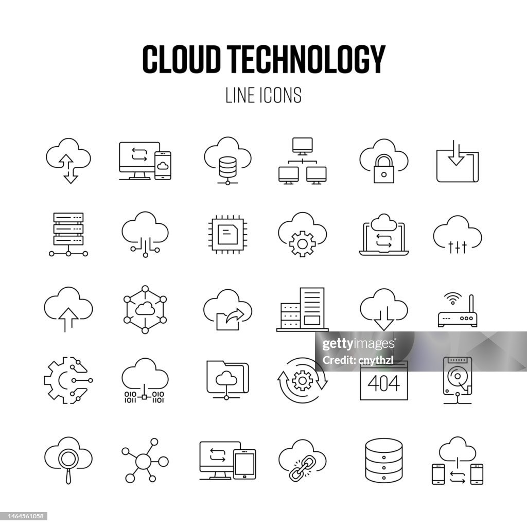 Cloud Technology Line Icon Set. Datenbank, Datenverkehr, Download, Upload, Cloud Computing
