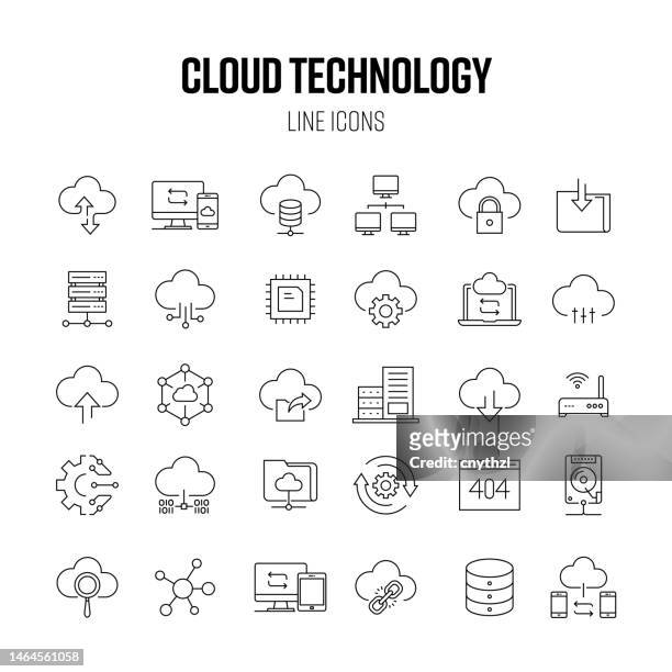 illustrazioni stock, clip art, cartoni animati e icone di tendenza di set di icone della linea cloud technology. database, traffico, download, upload, cloud computing - sponsor