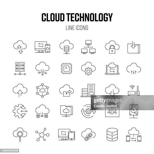 bildbanksillustrationer, clip art samt tecknat material och ikoner med cloud technology line icon set. database, traffic, download, upload, cloud computing - teknologi