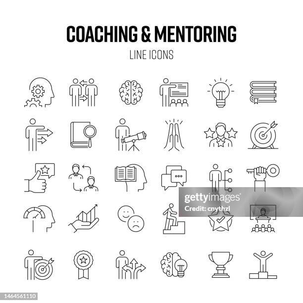 coaching und mentoring line icon set. schulung, webinar, wissen, verbesserung - mentor stock-grafiken, -clipart, -cartoons und -symbole