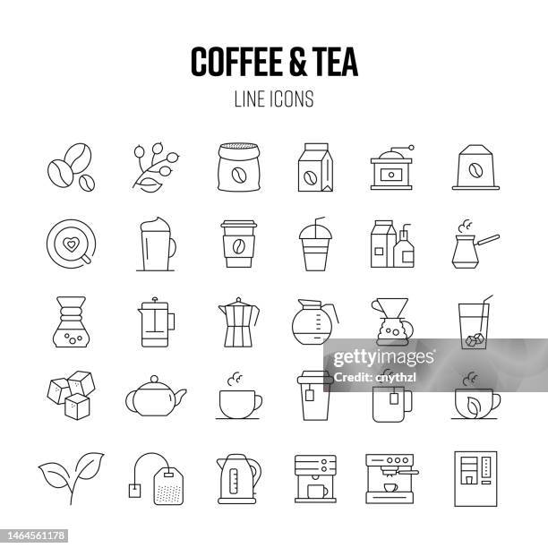 bildbanksillustrationer, clip art samt tecknat material och ikoner med coffee and tea line icon set. espresso, americano, latte, green tea - green tea