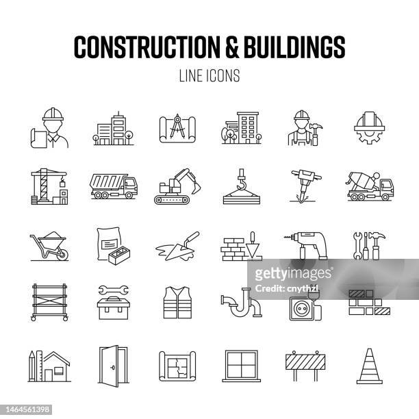 stockillustraties, clipart, cartoons en iconen met construction and buildings line icon set. project, architecture, house - truck stock illustrations