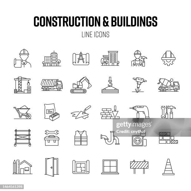 construction and buildings line icon set. project, architecture, house - demolition site stock illustrations