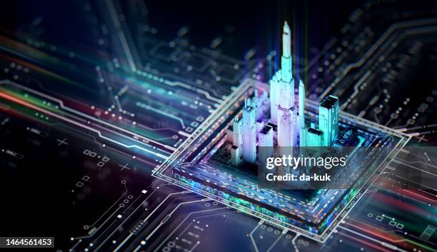 futuristic city integrated on cpu and motherboard digital chip. tech science background. - futuristic circuit stockfoto's en -beelden