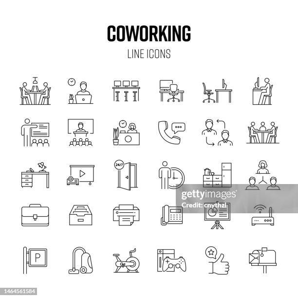 ilustraciones, imágenes clip art, dibujos animados e iconos de stock de conjunto de iconos de línea de coworking. oficina, compartir, lugar de trabajo, emprendedor - oficina
