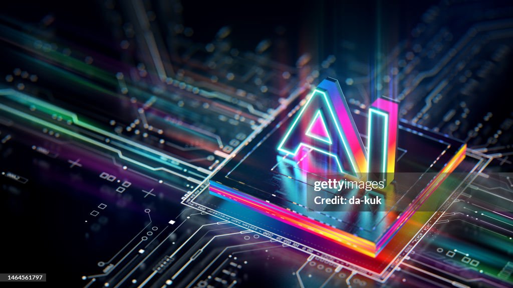Prozessoreinheit für künstliche Intelligenz. Leistungsstarke Quantum AI-Komponente auf PCB-Motherboard mit Datenübertragung.