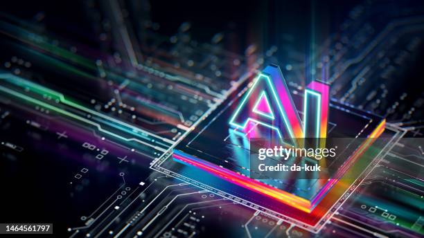 artificial intelligence processor unit. powerful quantum ai component on pcb motherboard with data transfers. - ai big data stockfoto's en -beelden