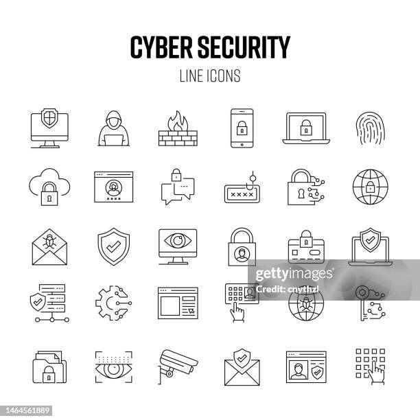 illustrazioni stock, clip art, cartoni animati e icone di tendenza di set di icone della linea di sicurezza informatica. accessibilità, hacker, phishing, cyber crime, privacy online - fare la guardia