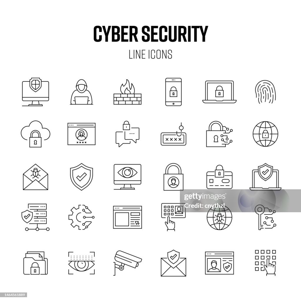 Conjunto de ícones de linha de segurança cibernética. Acessibilidade, Hacker, Phishing, Cibercrime, Privacidade Online