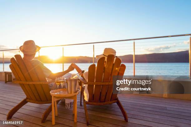 pareja relajándose y bebiendo vino y tomados de la mano - man on the beach relaxing in deckchair fotografías e imágenes de stock