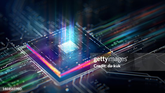 Futuristische Zentralprozessoreinheit. Leistungsstarke Quantum CPU auf PCB Motherboard mit Datenübertragung. Futuristische Zentralprozessoreinheit. Leistungsstarke Quantum CPU auf PCB Motherboard mit Datenübertragung.