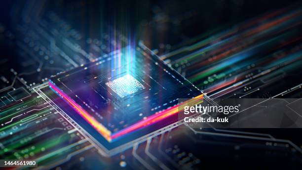 futuristic central processor unit. powerful quantum cpu on pcb motherboard with data transfers. - natuurkundige stockfoto's en -beelden