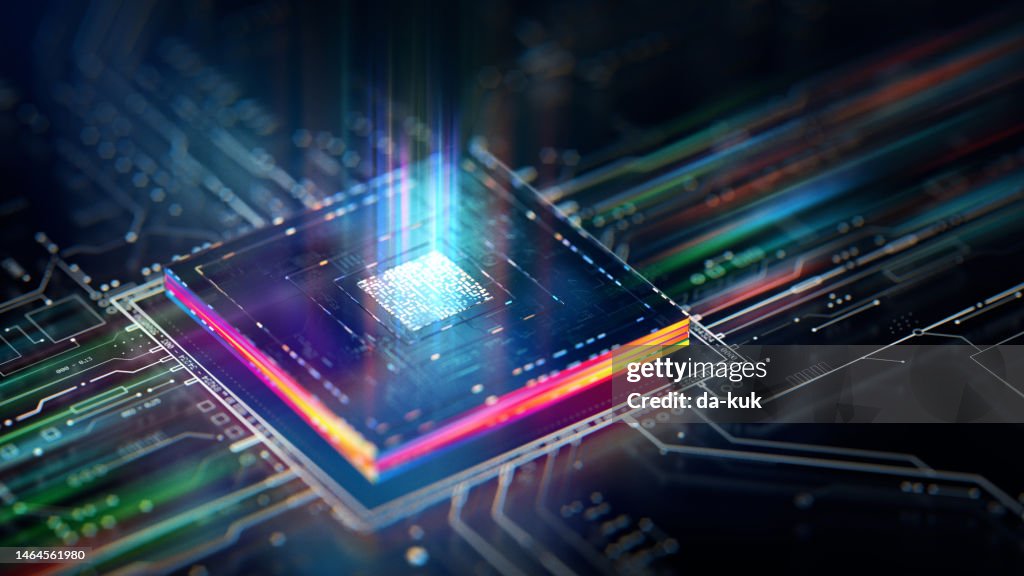 Futuristic central processor unit. Powerful Quantum CPU on PCB motherboard with data transfers.