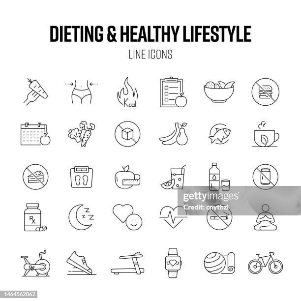 diäten und gesunder lebensstil line icon set. ernährung, bewegung, gewichtsverlust, kalorien verbrennen - nutritional supplement stock-grafiken, -clipart, -cartoons und -symbole