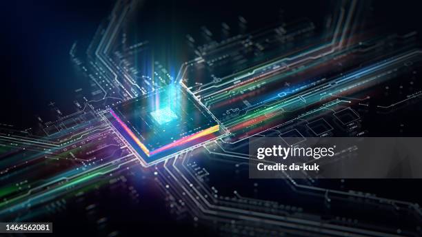 futuristic central processor unit. powerful quantum cpu on pcb motherboard with data transfers. - equipamento de computador imagens e fotografias de stock