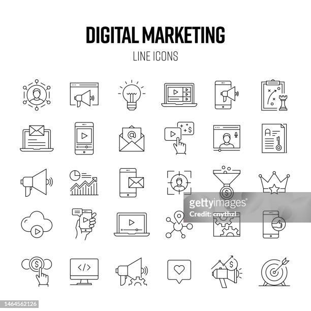 illustrazioni stock, clip art, cartoni animati e icone di tendenza di set di icone della linea di marketing digitale. cliente, community, video marketing, strategia, parole chiave, pay per click - design icon