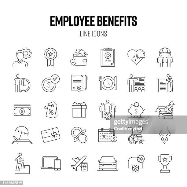 employee benefits line icon set. company, employee, salary, pay raise, meal break - retirement vector stock illustrations