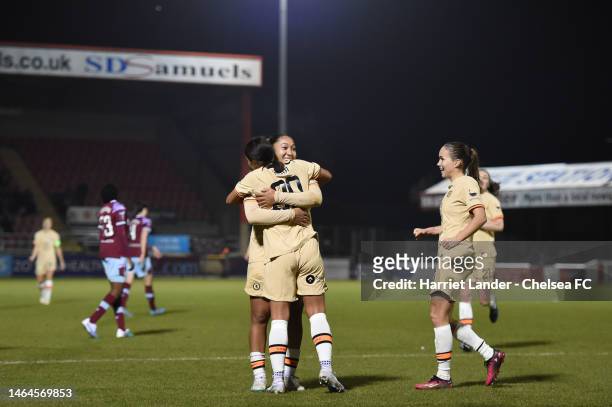 Sam Kerr of Chelsea celebrates with teammates Lauren James and Guro Reiten after scoring her team's fourth goal during the FA Women's Continental...
