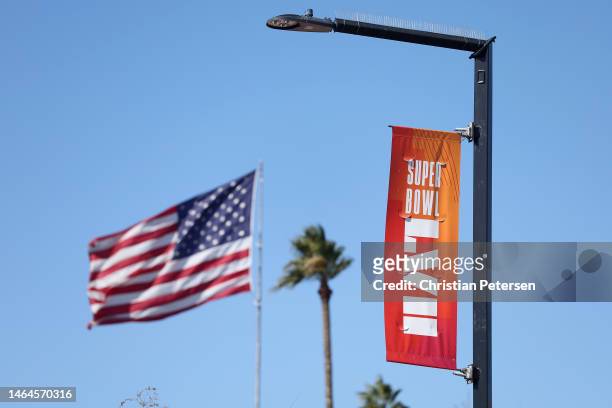 General view of Super Bowl LVII signage at Murphy Park on February 09, 2023 in Glendale, Arizona. Super Bowl LVII will be played between the...