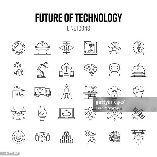 future technology line icon set. augmented reality, ki, smart car, blockchain - luftfahrtindustrie stock-grafiken, -clipart, -cartoons und -symbole