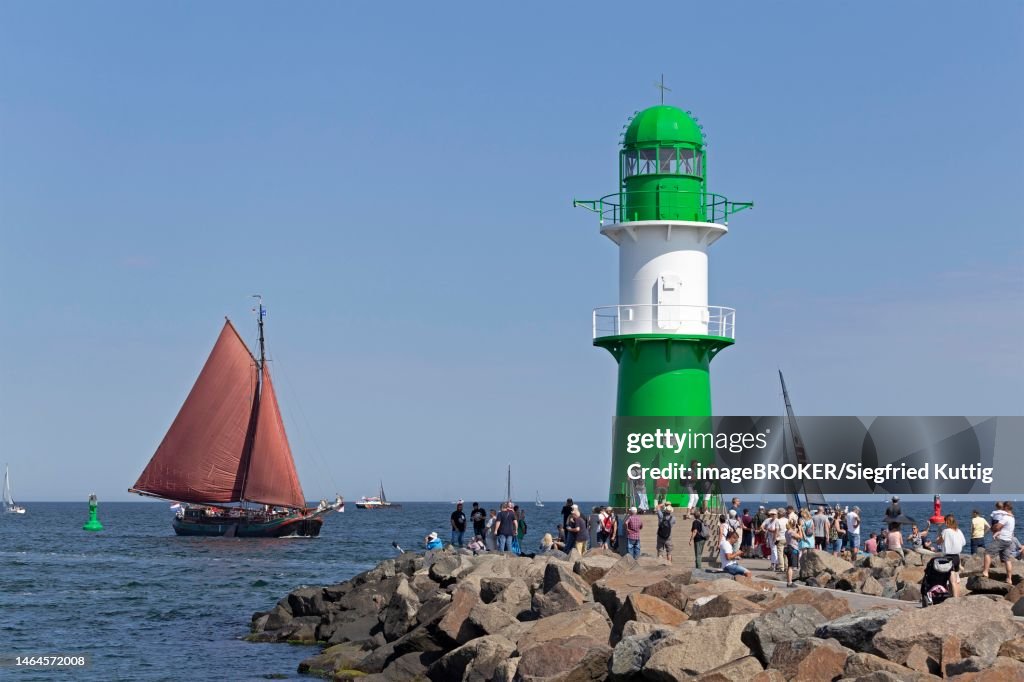 Sailing ship, pier light, Unterwarnow, Hanse Sail, Warnemuende, Rostock, Mecklenburg-Western Pomerania, Germany