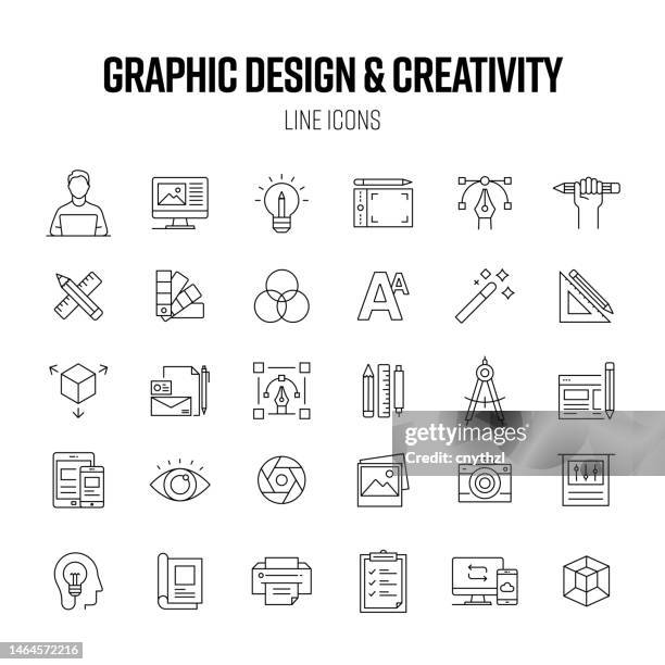 grafikdesign und kreativität line icon set. designer, computer, farben, inspiration - künstlerischer beruf stock-grafiken, -clipart, -cartoons und -symbole