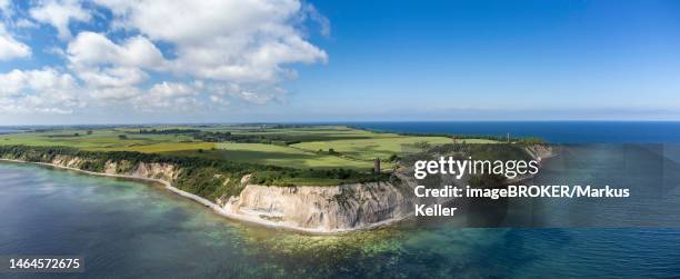 aerial view of cape arkona with chalk cliffs, direction finder and lighthouse, putgarten, ruegen island, mecklenburg-western pomerania, germany - rügen island chalk cliffs stockfoto's en -beelden