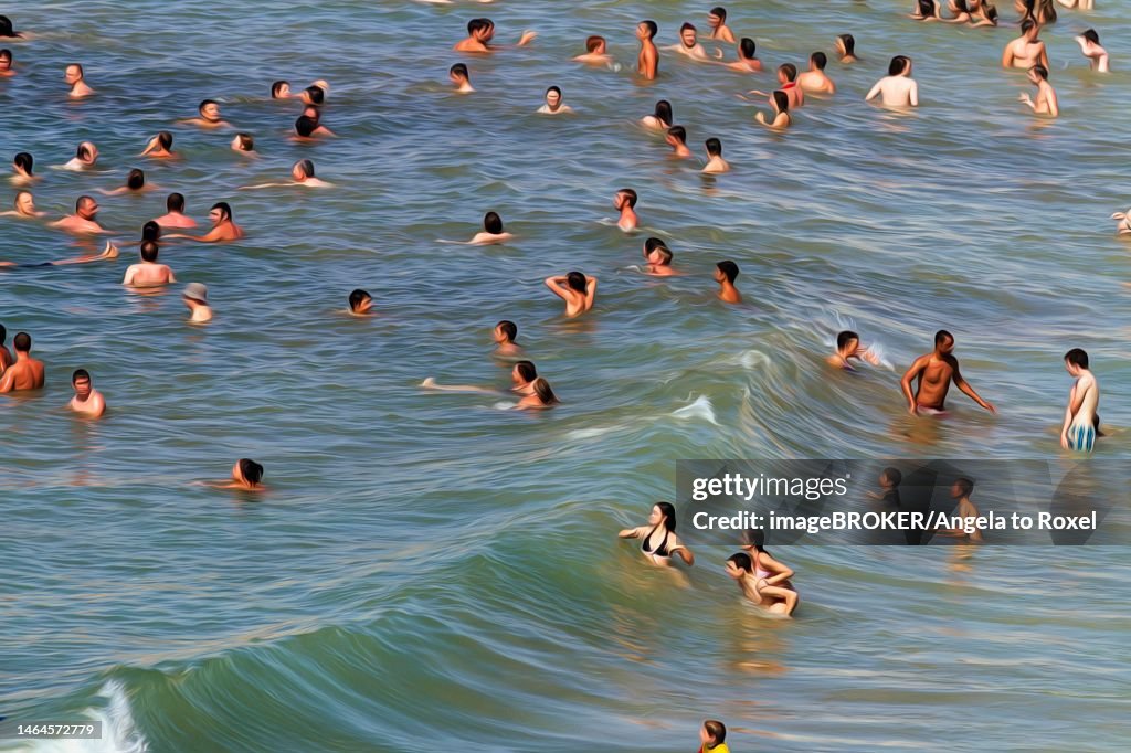 View from above of anonymous crowd on the beach, tourists swimming in the sea, enjoying cooling off, fun in summer, illustration, Biarritz, France