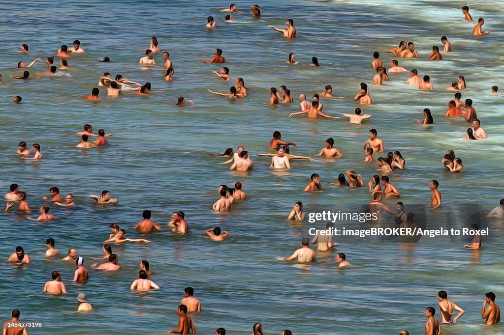 View from above of anonymous crowd on the beach, tourists swimming in the sea, enjoying cooling off, fun in summer, illustration, Biarritz, France