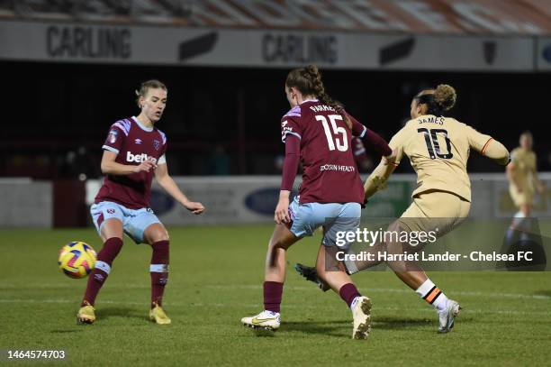 Lauren James of Chelsea scores her team's fifth goal during the FA Women's Continental Tyres League Cup Semi Final match between West Ham United...