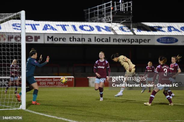 Sam Kerr of Chelsea scores her team's sixth goal during the FA Women's Continental Tyres League Cup Semi Final match between West Ham United Women...