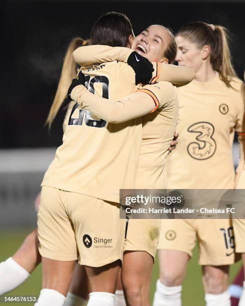 Guro Reiten of Chelsea celebrates with teammate Sam Kerr after scoring her team's seventh goal during the FA Women's Continental Tyres League Cup...