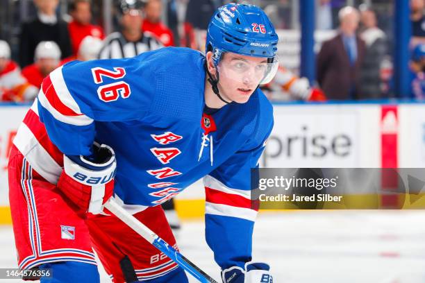 Jimmy Vesey of the New York Rangers skates against the Calgary Flames at Madison Square Garden on February 6, 2023 in New York City.