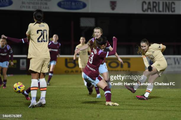 Guro Reiten of Chelsea scores her team's seventh goal during the FA Women's Continental Tyres League Cup Semi Final match between West Ham United...