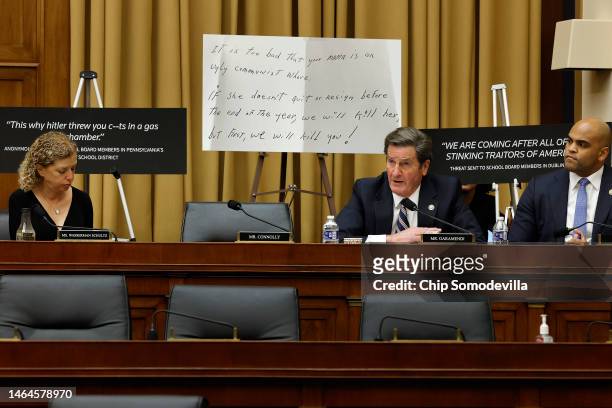 Rep. John Garamendi displays examples of threatening messages send to public servants while questioning witnesses during the first Weaponization of...
