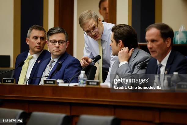 House Judiciary Committee Chairman Jim Jordan talks with fellow Weaponization of the Federal Government Subcommittee Rep. Kelly Armstrong , Rep. Mike...