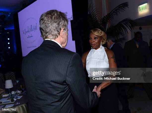 Actor Warren Beatty and recording artist Mary J. Blige attend the 100th anniversary celebration of the Beverly Hills Hotel & Bungalows supporting the...