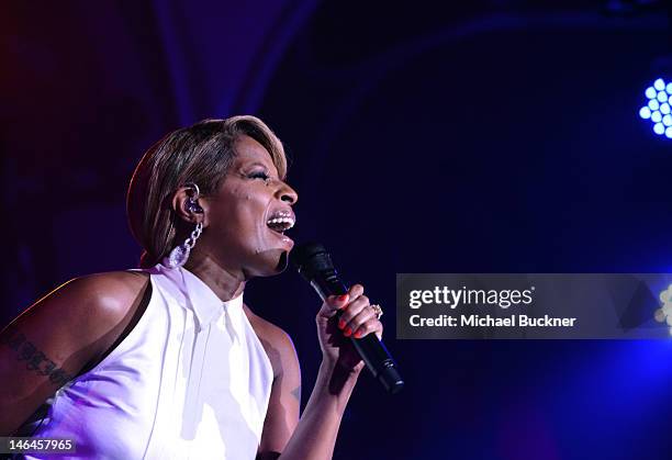 Recording artist Mary J. Blige performs at the 100th anniversary celebration of the Beverly Hills Hotel & Bungalows supporting the Motion Picture &...