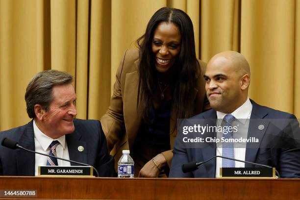 Weaponization of the Federal Government Subcommittee ranking member Del. Stacey Plaskett talks with fellow subcommittee members Rep. John Garamendi...