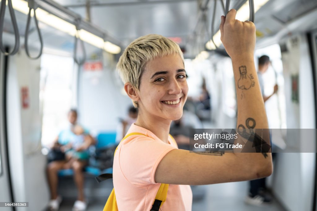 Portrait of a young woman in the train