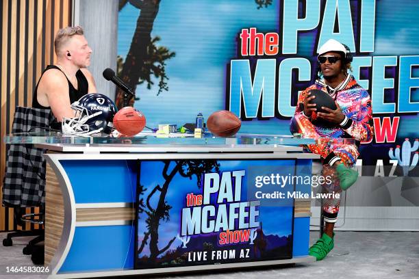 Former NFL player Adam "Pacman" Jones speaks to Pat McAfee on radio row ahead of Super Bowl LVII at the Phoenix Convention Center on February 9, 2023...