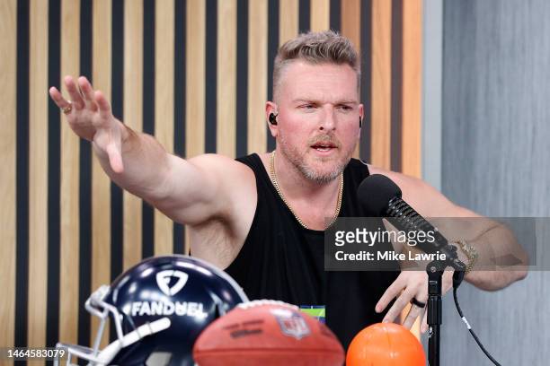 Former NFL player and host Pat McAfee speaks on radio row ahead of Super Bowl LVII at the Phoenix Convention Center on February 9, 2023 in Phoenix,...