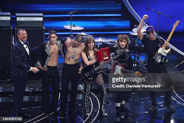 Amadeus, Maneskin band and Tom Morello attend the 73rd Sanremo Music Festival 2023 at Teatro Ariston on February 09, 2023 in Sanremo, Italy.